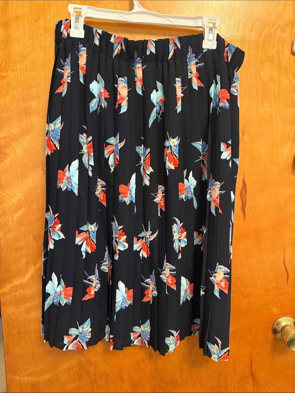 Ava & Viv Navy Pleated Midi Skirt with Coral & Light Blue Floral Print